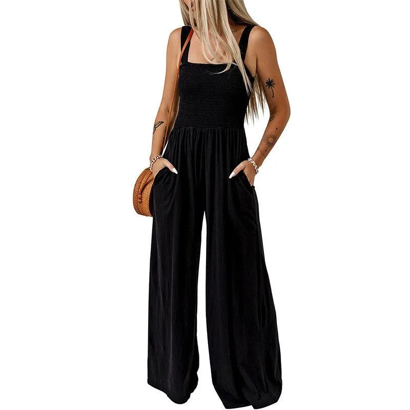 Wide Leg Jumpsuit – Summer Square Neck, High Waist, Backless, Pleated