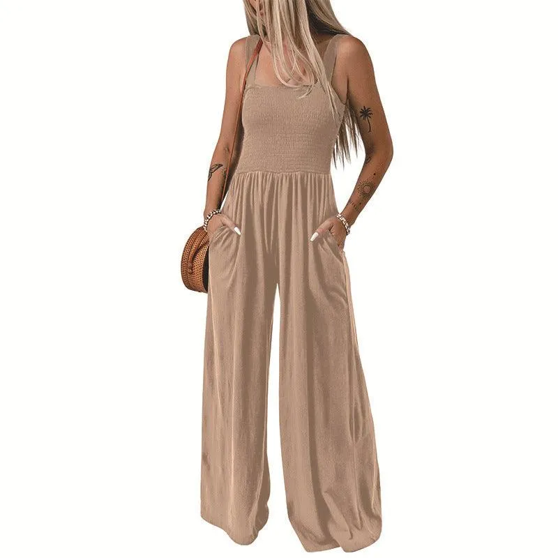 Wide Leg Jumpsuit – Summer Square Neck, High Waist, Backless, Pleated