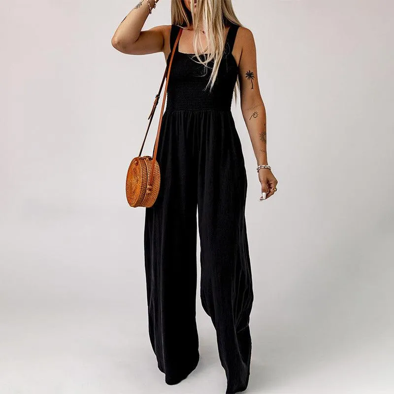 Wide Leg Jumpsuit – Summer Square Neck, High Waist, Backless, Pleated
