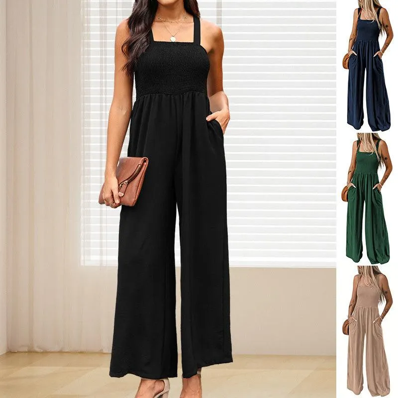 Wide Leg Jumpsuit – Summer Square Neck, High Waist, Backless, Pleated