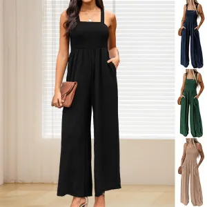 Wide Leg Jumpsuit – Summer Square Neck, High Waist, Backless, Pleated