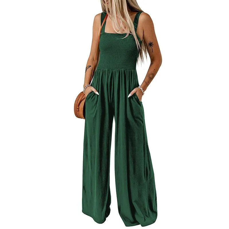 Wide Leg Jumpsuit – Summer Square Neck, High Waist, Backless, Pleated