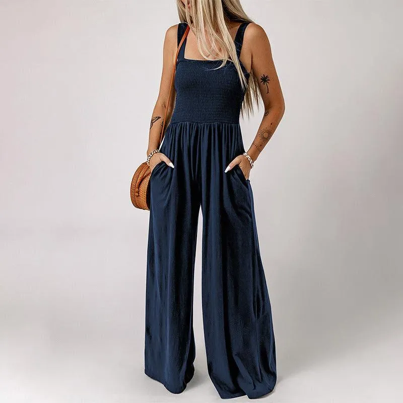 Wide Leg Jumpsuit – Summer Square Neck, High Waist, Backless, Pleated
