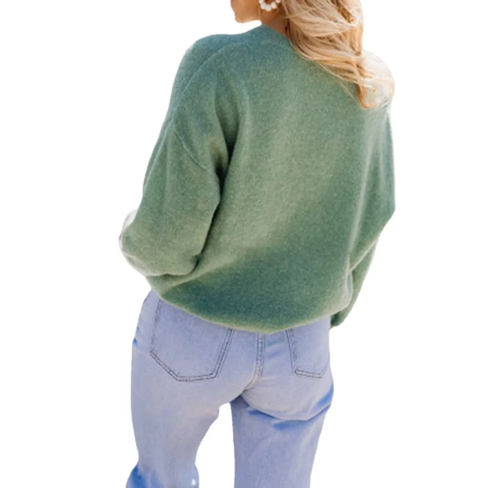 Women Single Breasted Knit Cardigan Casual Solid Loose O neck Lantern Sleeve Tops 2021 Autumn Winter Streetwear Sweater Cardigan