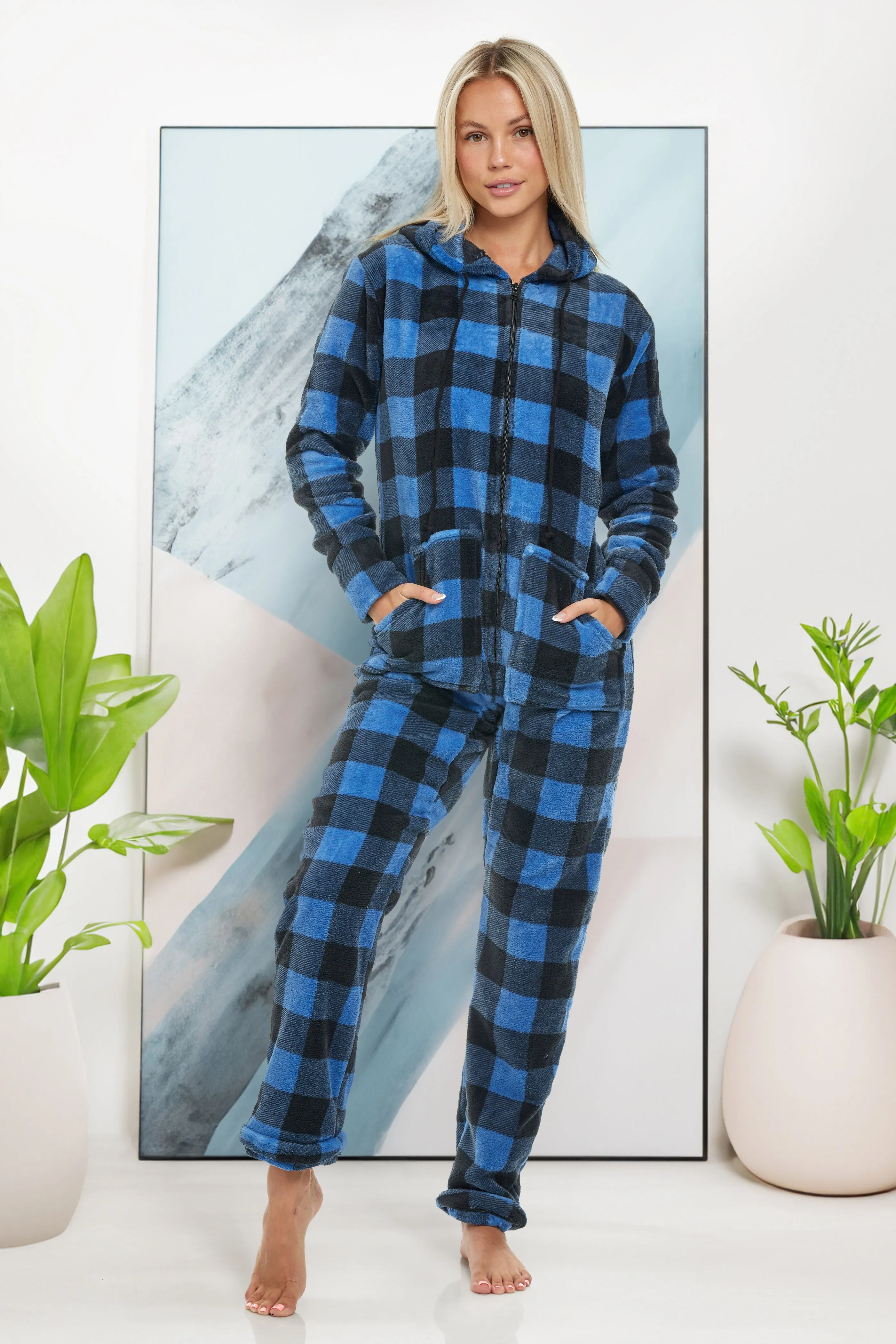 Women's Hooded Footed Pajamas, Plush Adult Onesie, Winter PJs with Hood