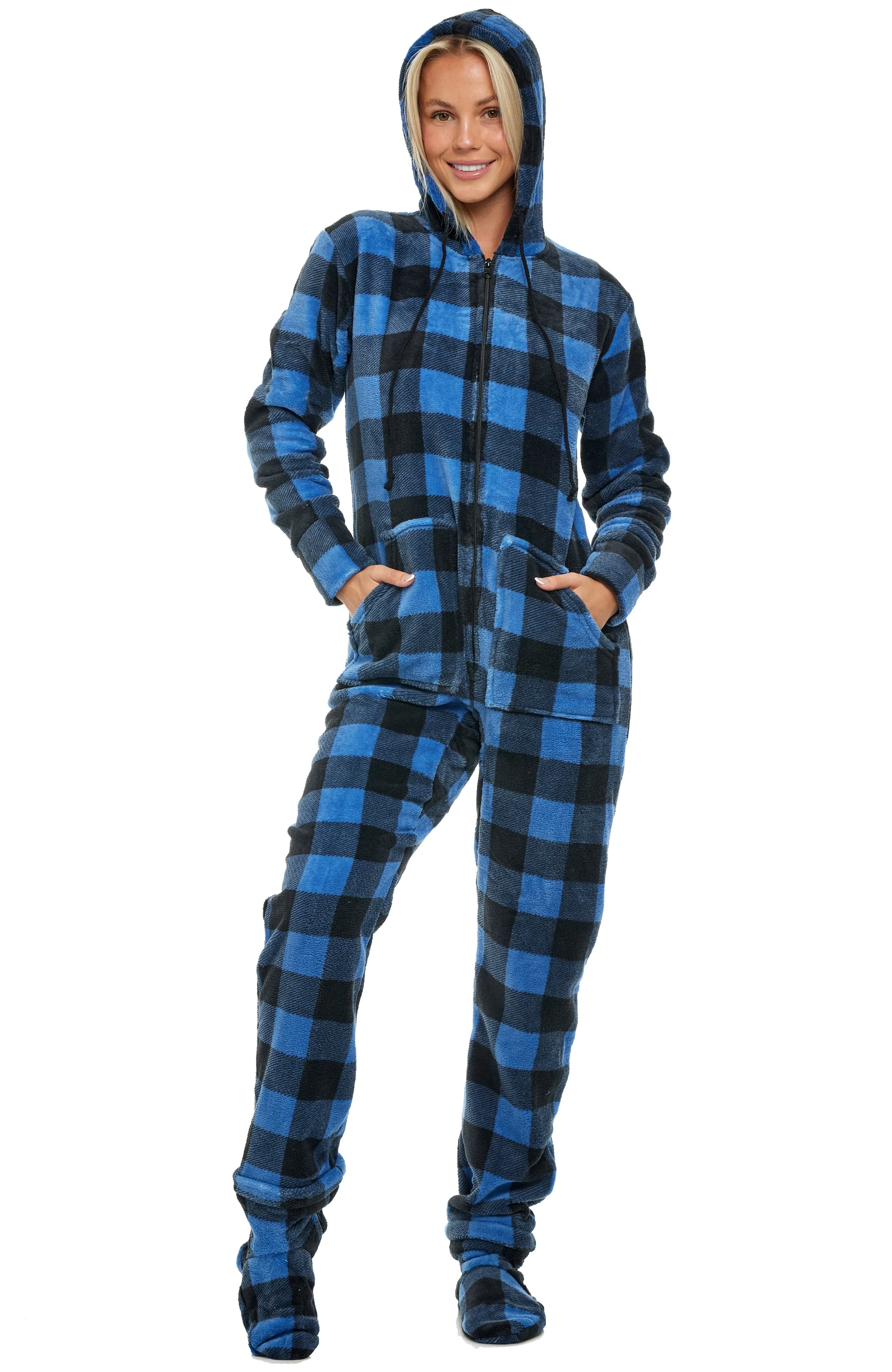 Women's Hooded Footed Pajamas, Plush Adult Onesie, Winter PJs with Hood