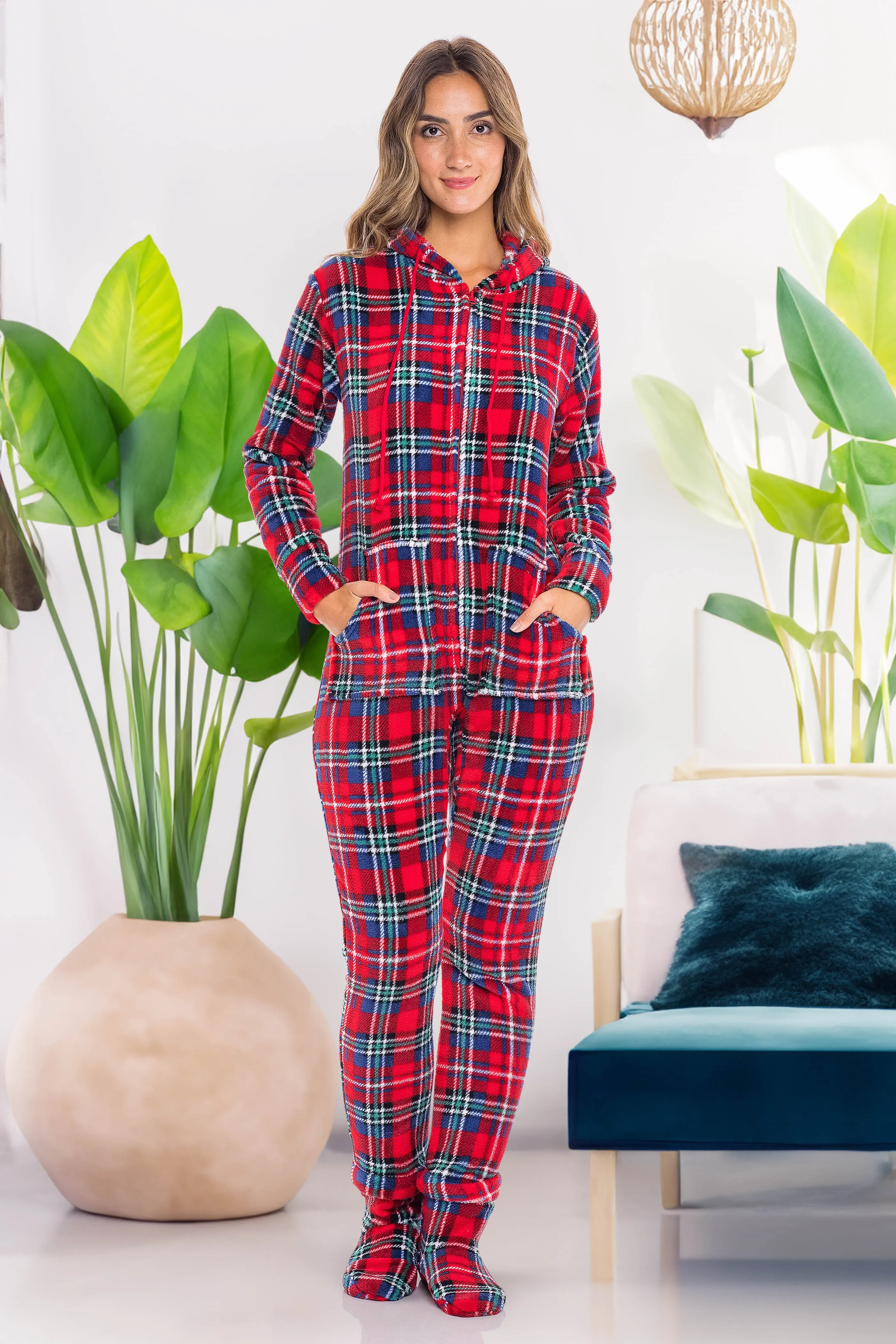 Women's Hooded Footed Pajamas, Plush Adult Onesie, Winter PJs with Hood
