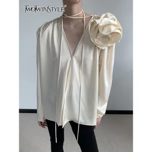 Women's Large Flower Applique Satin V Neck Long Sleeve Vintage Blouse