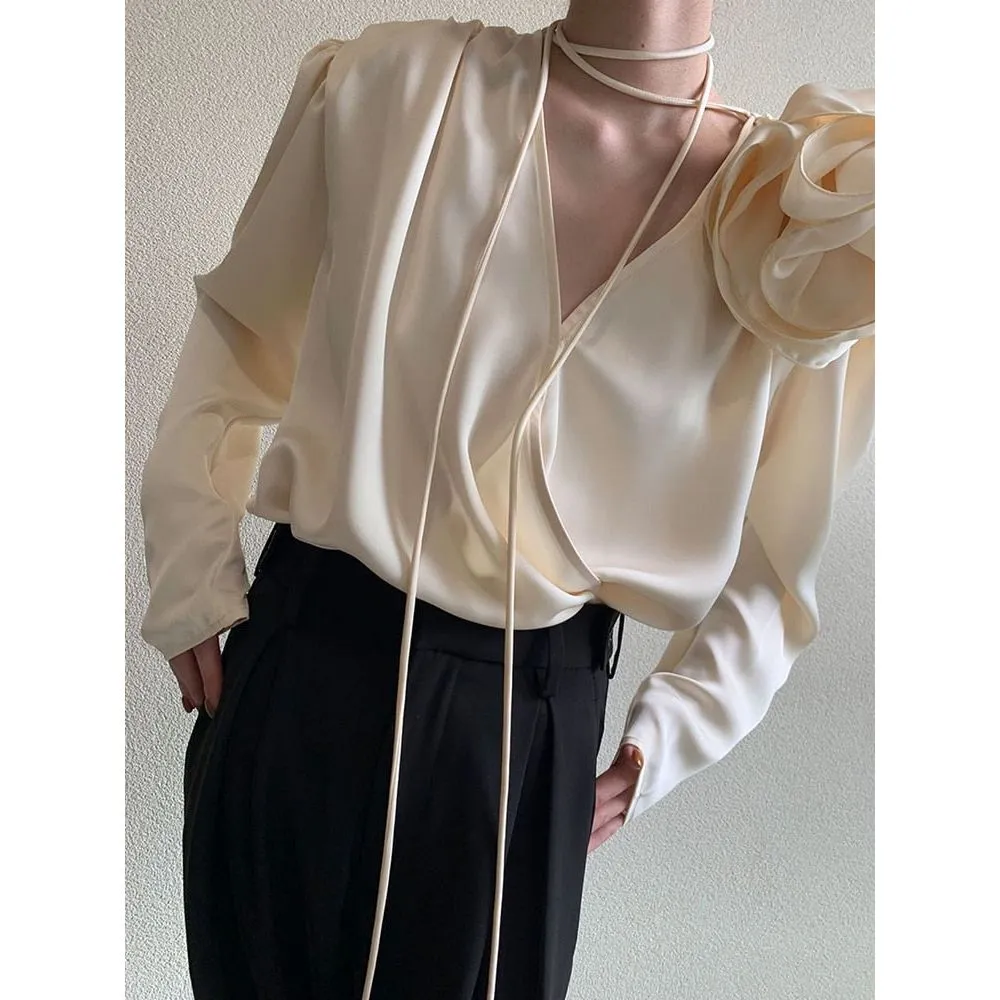 Women's Large Flower Applique Satin V Neck Long Sleeve Vintage Blouse