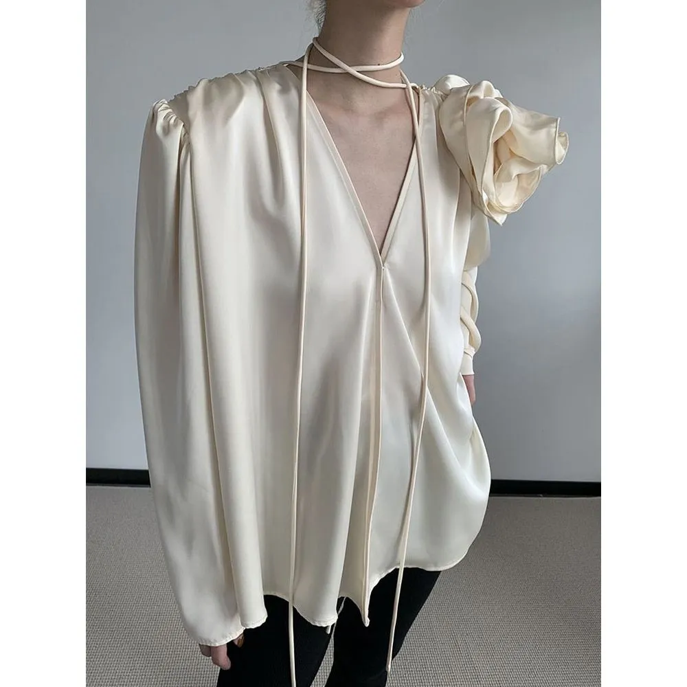 Women's Large Flower Applique Satin V Neck Long Sleeve Vintage Blouse