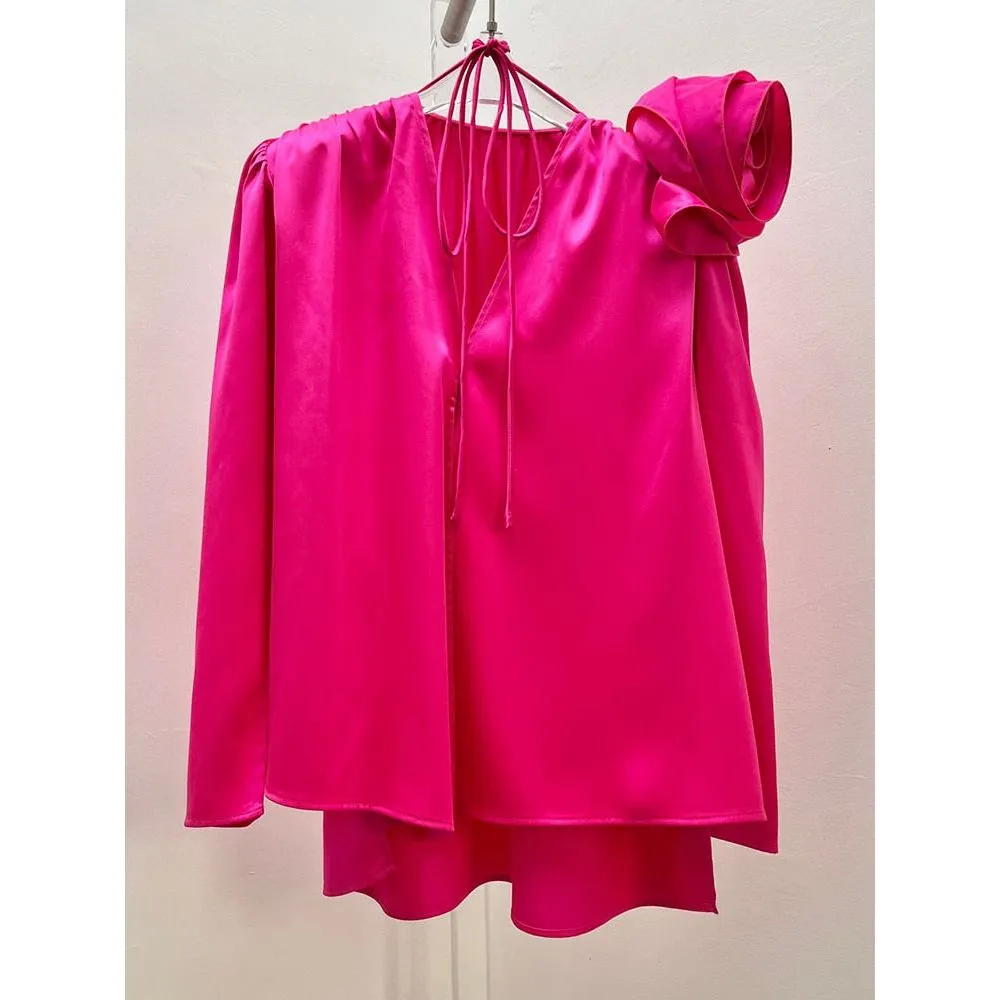 Women's Large Flower Applique Satin V Neck Long Sleeve Vintage Blouse