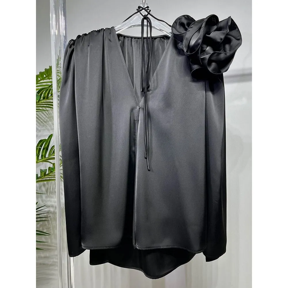 Women's Large Flower Applique Satin V Neck Long Sleeve Vintage Blouse