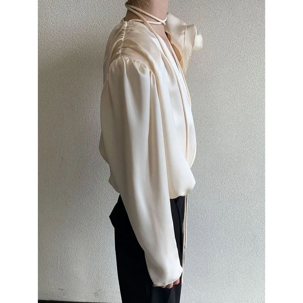 Women's Large Flower Applique Satin V Neck Long Sleeve Vintage Blouse