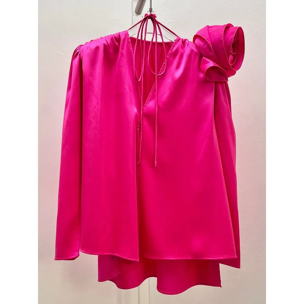 Women's Large Flower Applique Satin V Neck Long Sleeve Vintage Blouse