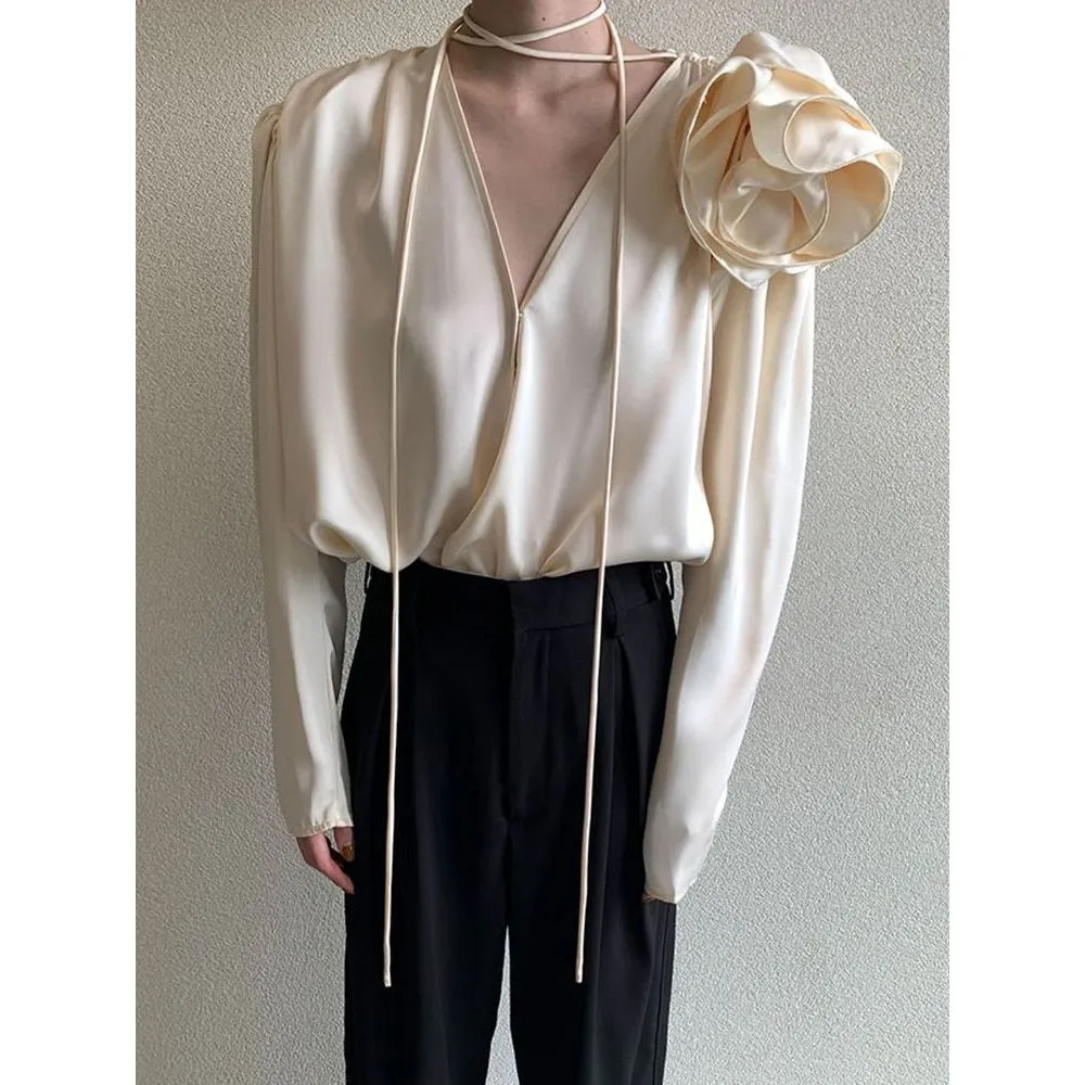 Women's Large Flower Applique Satin V Neck Long Sleeve Vintage Blouse