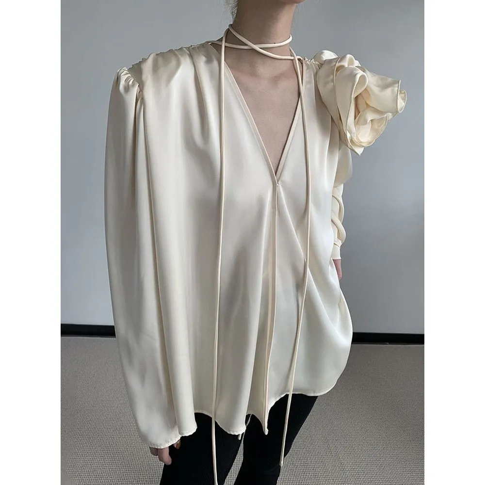 Women's Large Flower Applique Satin V Neck Long Sleeve Vintage Blouse