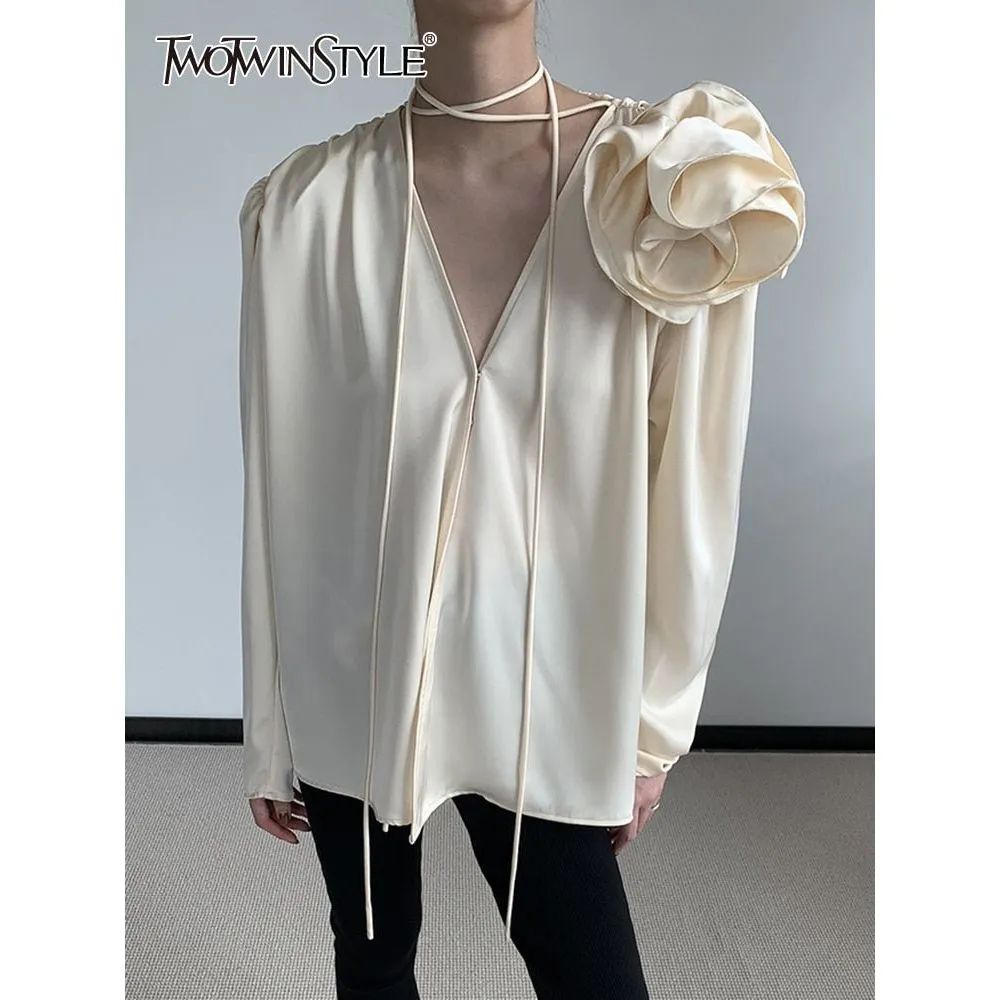 Women's Large Flower Applique Satin V Neck Long Sleeve Vintage Blouse