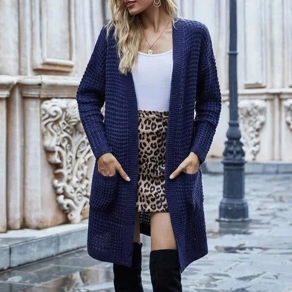Women's open front knitted cardigan sweater long sleeve crochet sweater with pockets