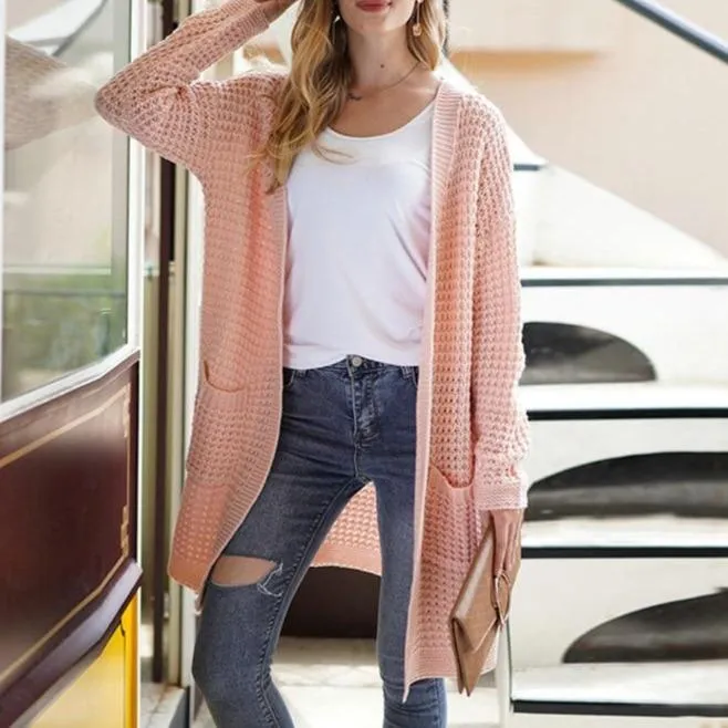 Women's open front knitted cardigan sweater long sleeve crochet sweater with pockets