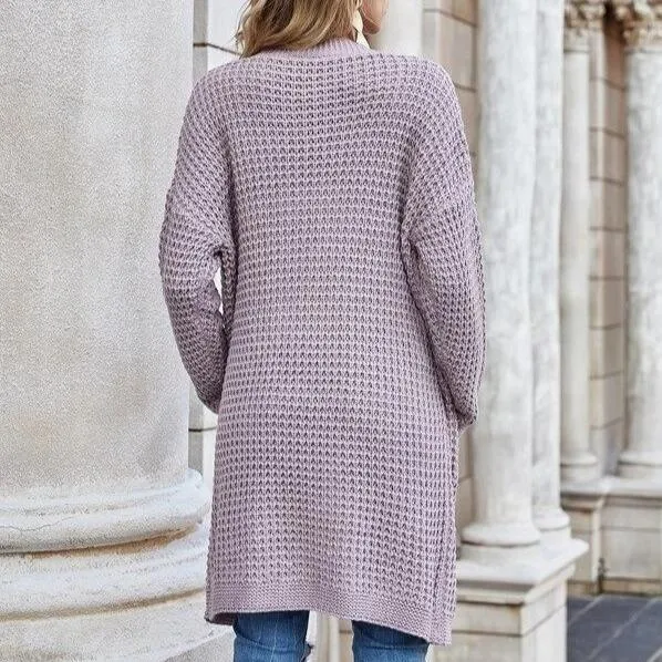 Women's open front knitted cardigan sweater long sleeve crochet sweater with pockets