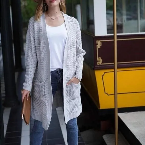 Women's open front knitted cardigan sweater long sleeve crochet sweater with pockets