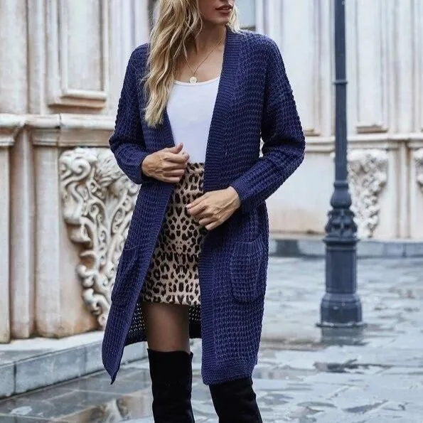Women's open front knitted cardigan sweater long sleeve crochet sweater with pockets