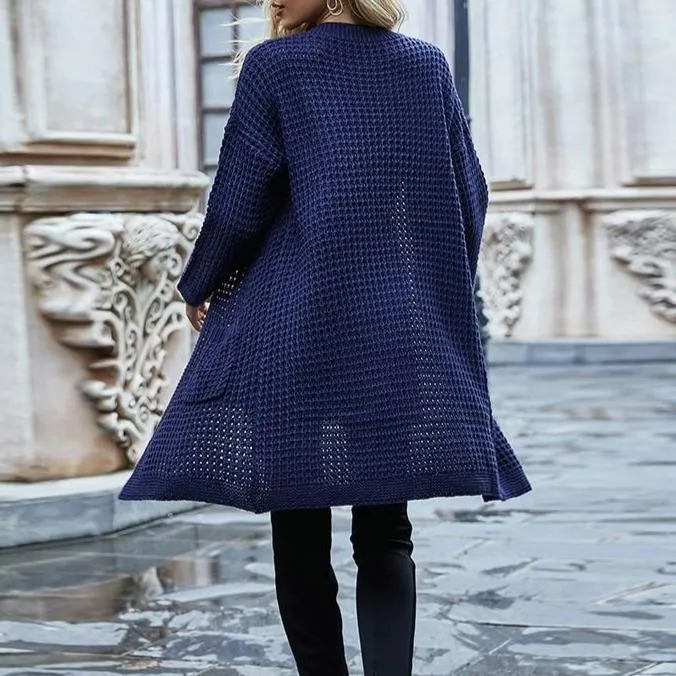 Women's open front knitted cardigan sweater long sleeve crochet sweater with pockets