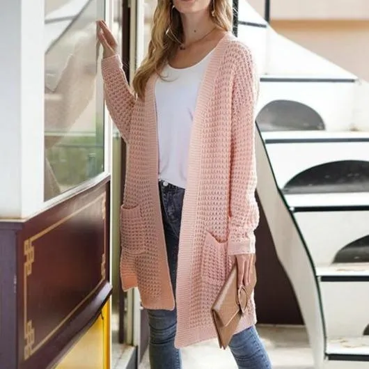 Women's open front knitted cardigan sweater long sleeve crochet sweater with pockets