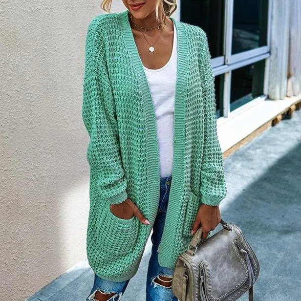 Women's open front knitted cardigan sweater long sleeve crochet sweater with pockets