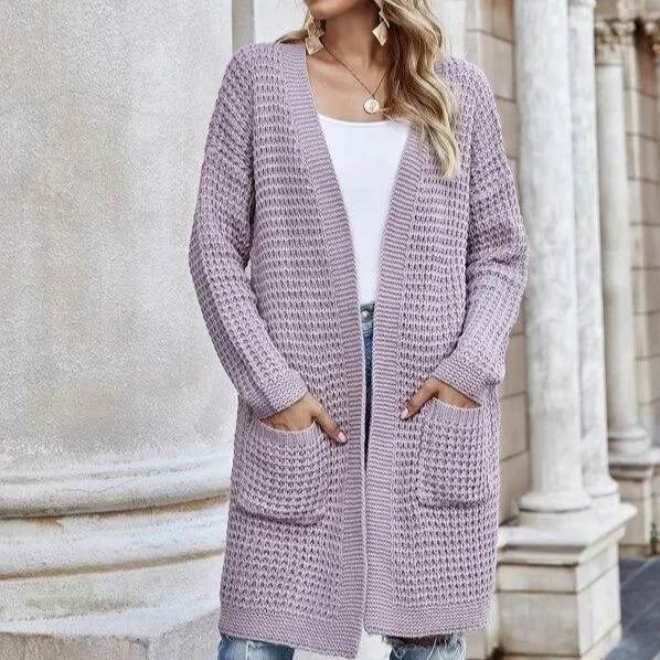 Women's open front knitted cardigan sweater long sleeve crochet sweater with pockets