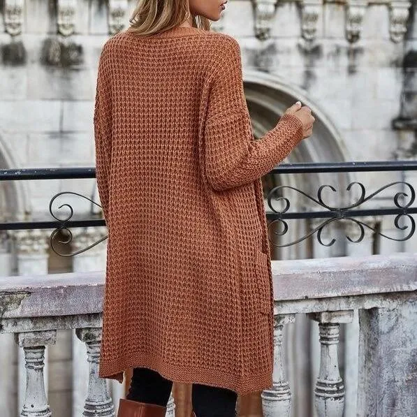 Women's open front knitted cardigan sweater long sleeve crochet sweater with pockets