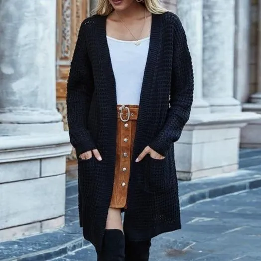 Women's open front knitted cardigan sweater long sleeve crochet sweater with pockets