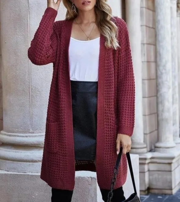 Women's open front knitted cardigan sweater long sleeve crochet sweater with pockets