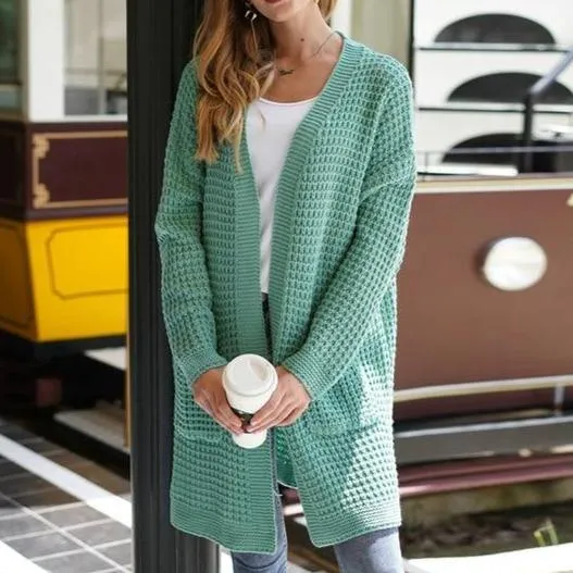 Women's open front knitted cardigan sweater long sleeve crochet sweater with pockets