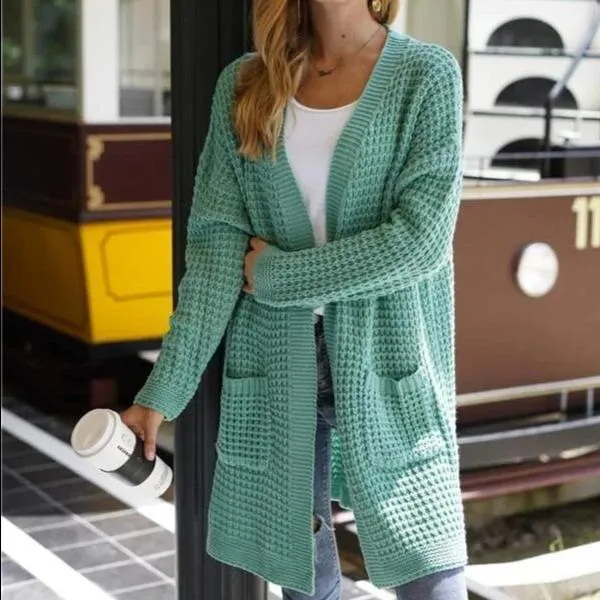 Women's open front knitted cardigan sweater long sleeve crochet sweater with pockets