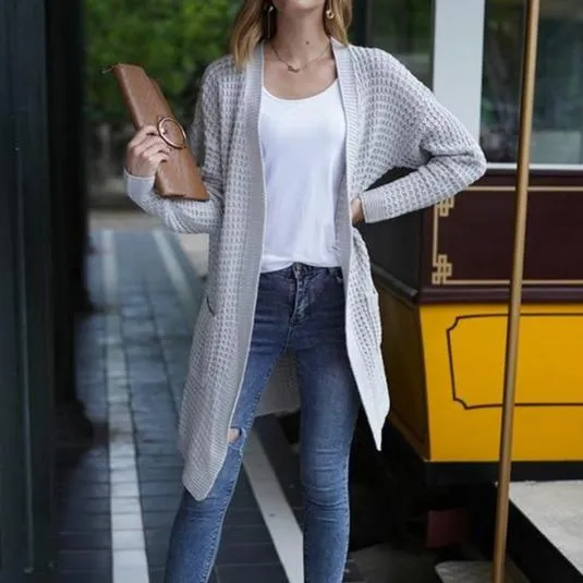 Women's open front knitted cardigan sweater long sleeve crochet sweater with pockets