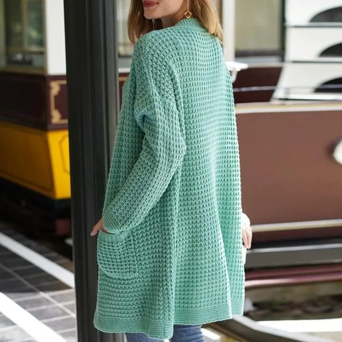 Women's open front knitted cardigan sweater long sleeve crochet sweater with pockets