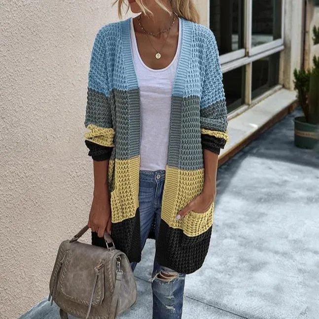 Women's open front knitted cardigan sweater long sleeve crochet sweater with pockets