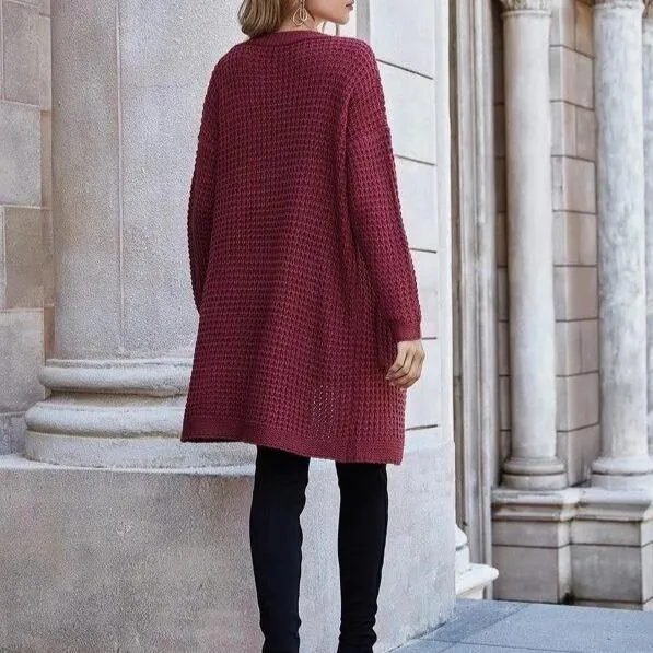Women's open front knitted cardigan sweater long sleeve crochet sweater with pockets