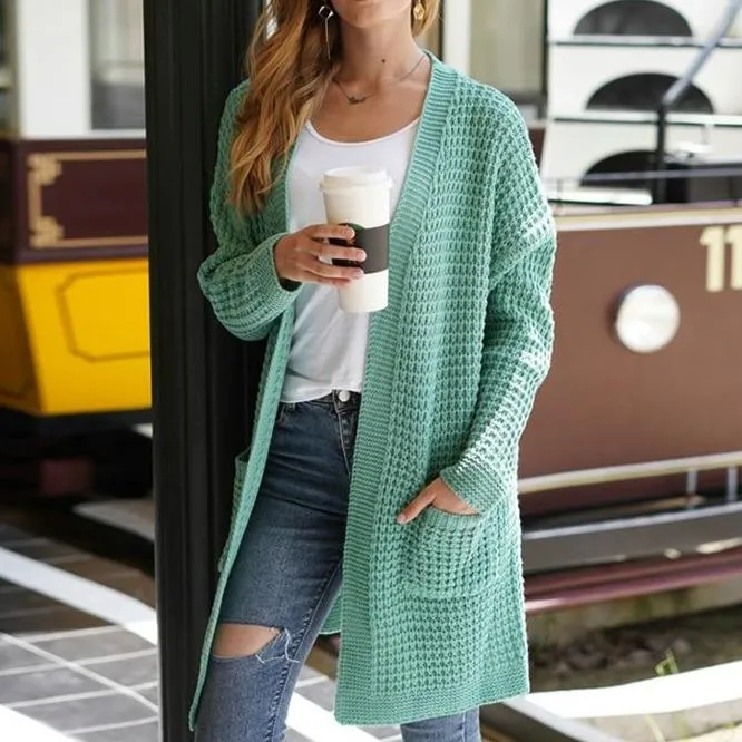 Women's open front knitted cardigan sweater long sleeve crochet sweater with pockets