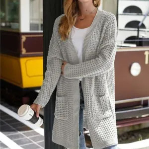 Women's open front knitted cardigan sweater long sleeve crochet sweater with pockets