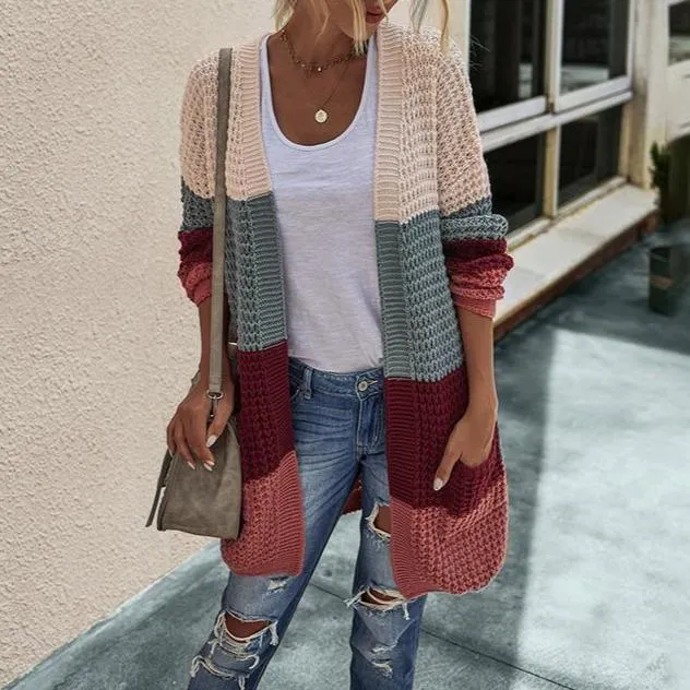 Women's open front knitted cardigan sweater long sleeve crochet sweater with pockets