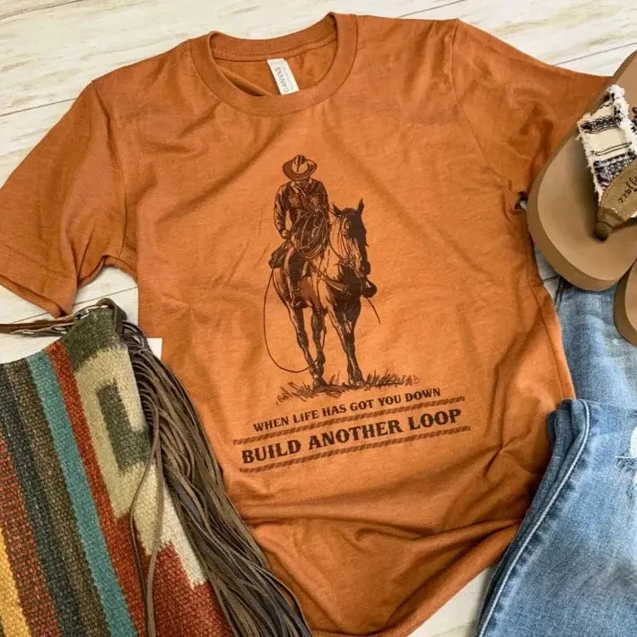 Women's "When Life Has Got You Down Build Another Loop" Graphic T-Shirt in Rust