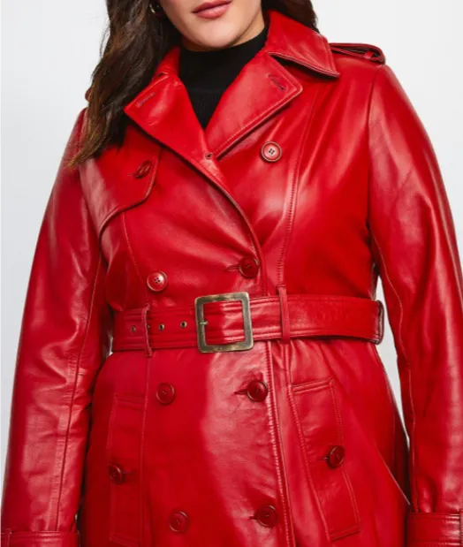 Women's Red Leather Trench Coat
