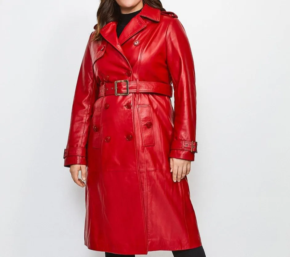 Women's Red Leather Trench Coat